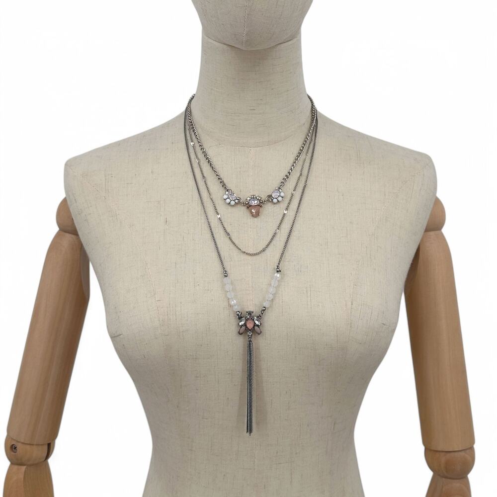 LOFT Long Layered Necklace Pink White Rhinestone Silver Tone Chain Tassel